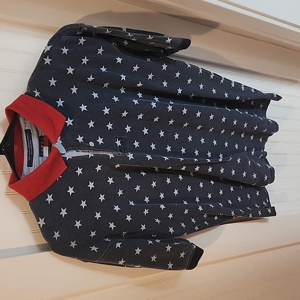 Tommy Hilfiger polo shirt Men's M Navy w/ blue Stars and red collar
